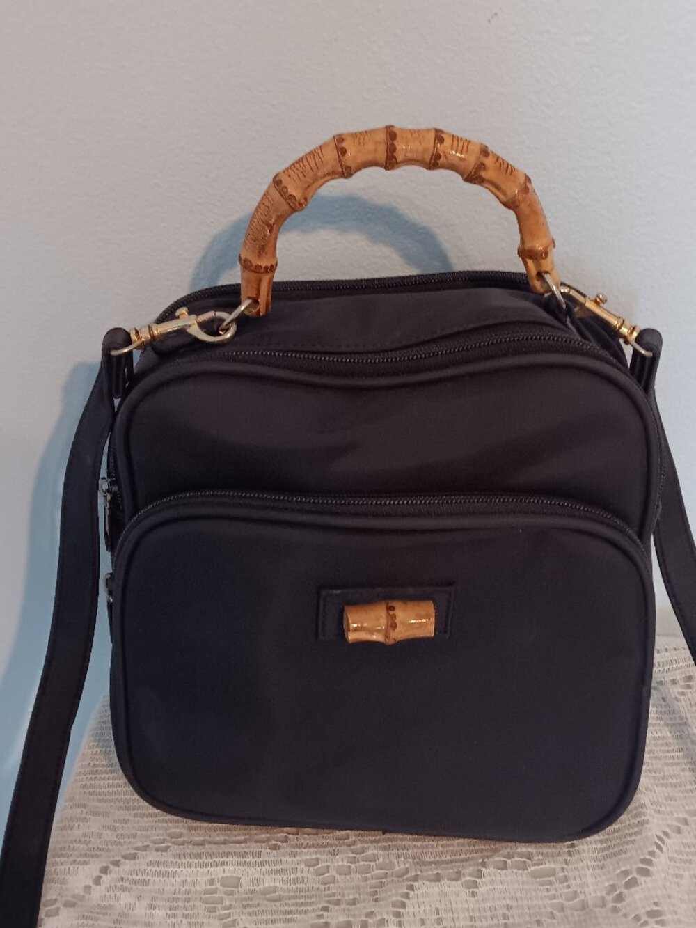 Vintage Nylon Multi-Compartment Bag with Bamboo Handle & Shoulder Strap